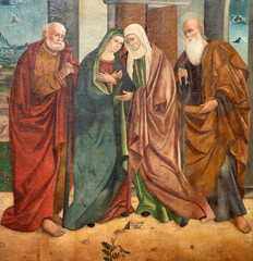 TAORMINA, ITALIEN - 9. APRIL 2018: Das Renaissance-Gemälde der Heimsuchung im Duomo (San Pancrazio) von Antonino Giuffre (1457). © Renáta Sedmáková