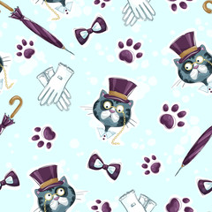 Vector seamless pattern with retro accessories of a gentleman, head of a gray cat in golden pince-nez, an umbrella, a cat's foot, white gloves. Elements of vintage hand-drawing on a blue background 