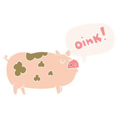 cartoon oinking pig and speech bubble in retro style