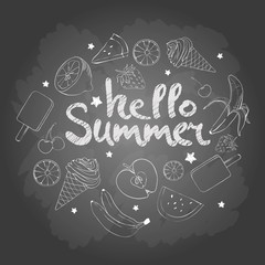 Set of cartoon fruit. Fruit icons. Hand drawn fruits vector stock illustration. Chalk board drawing fruits