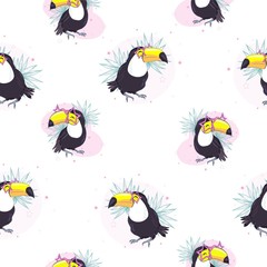 Tropical seamless pattern with toucans, exotic leaves and pineapples. Vector illustration