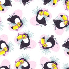 Tropical seamless pattern with toucans, exotic leaves and pineapples. Vector illustration