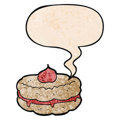 cartoon biscuit and speech bubble in retro texture style