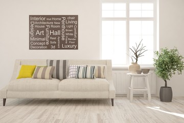 Stylish room in white color with sofa. Scandinavian interior design. 3D illustration