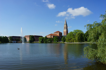 Fototapeta premium Panoramic view of the city hall against the lake, Kiel