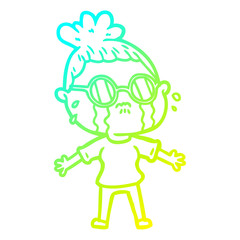 cold gradient line drawing cartoon crying woman wearing spectacles