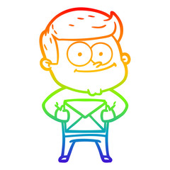 rainbow gradient line drawing cartoon happy man holding letter