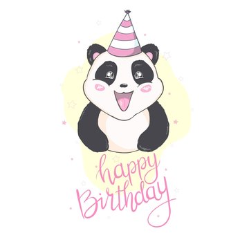 Happy birthray panda sticker on white backround.