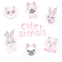 vector set with animals posters. Cat, dog, rabbit.