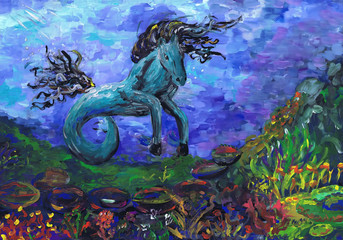Fototapeta na wymiar Fantastic horse with two legs. Children's drawing