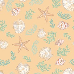 Seashell seamless pattern. Scallop vector background.