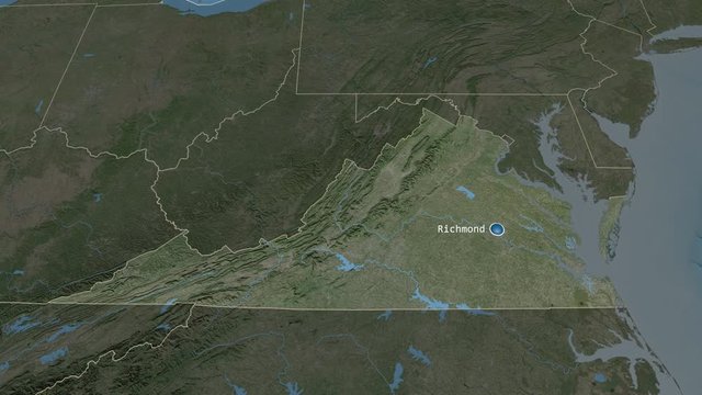 Virginia - state of the United States zoomed on the satellite map of the globe. Animation 3D