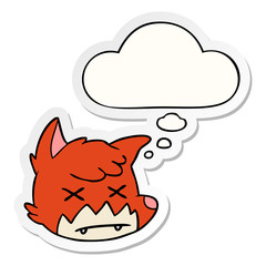 cartoon dead fox face and thought bubble as a printed sticker