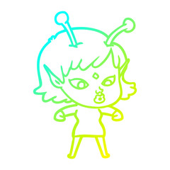 cold gradient line drawing pretty cartoon alien girl