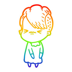 rainbow gradient line drawing cartoon annoyed hipster girl