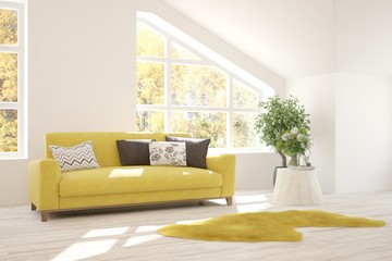 Stylish room in white color with sofa and autumn landscape in window. Scandinavian interior design. 3D illustration