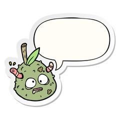cartoon rotting old pear and worm and speech bubble sticker