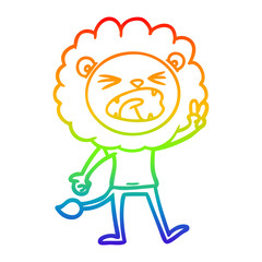 rainbow gradient line drawing cartoon lion giving peac sign