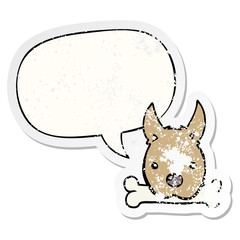 cartoon dog and bone and speech bubble distressed sticker