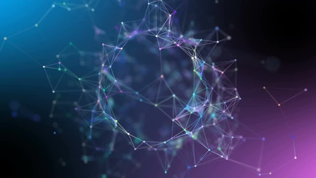 Abstract cyber animation with depth of field and glow. World map point, line, Global network connection, international meaning.