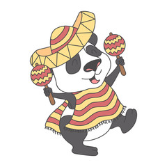 Panda in a carnival Mexican costume with maracas. Children's illustration for t-shirts, prints. Vector