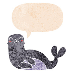 cartoon seal and speech bubble in retro textured style