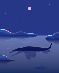 Dinosaur in the lake at night. Fantastic image. Poster. Vector