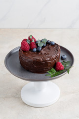 Close up chocolate cake with berries decor on gray plate on bright background