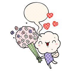 cute cartoon cloud head creature and speech bubble in comic book style