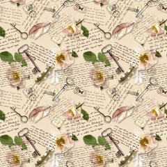 Handwritten notes, wild roses, post stamps, watercolor feathers, keys on paper background. Seamless pattern, vintage style