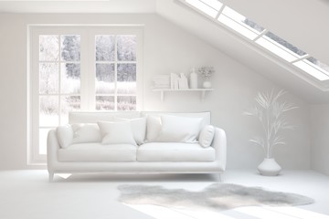 Mock up of stylish room in white color with sofa and winter landscape in window. Scandinavian interior design. 3D illustration