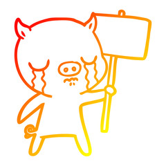 warm gradient line drawing cartoon crying pig with sign post