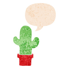 cartoon cactus and speech bubble in retro textured style