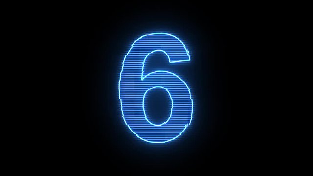 Number 6 blue hologram distorted text 4K animation	