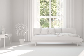 Mock up of stylish room in white color with sofa and green landscape in window. Scandinavian interior design. 3D illustration