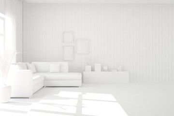 Mock up of stylish room in white color with sofa. Scandinavian interior design. 3D illustration