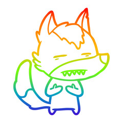 rainbow gradient line drawing cartoon wolf showing teeth