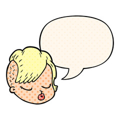 cartoon female face and speech bubble in comic book style