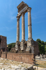 Ruins of Temple of Dioscuri at Roman Forum in city of Rome