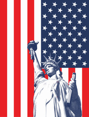 Engraving liberty illustration with USA flag on white BG