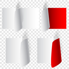 Set of realistic curled paper corners in white and red colors with shadows