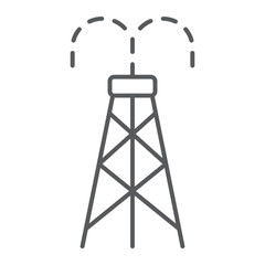 Oil derrick thin line icon, tower and industry, oil rig sign, vector graphics, a linear pattern on a white background.
