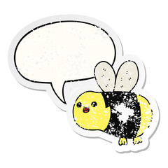 cartoon bee and speech bubble distressed sticker