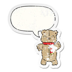cartoon teddy bear and speech bubble distressed sticker