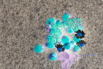 Abstract background of flowers and strawberries. Summer, garden.