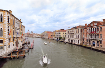 Motor boats in Grand Canal waters of Venice.