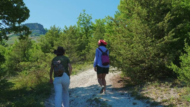 Two girls traveler girlfriend walk along the path and climb up the mountain plateau. They are surrounded by grass, shrubs and blue sky.
