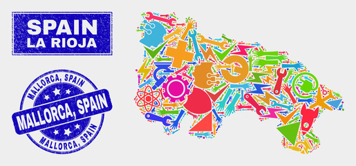 Mosaic tools La Rioja of Spain map and Mallorca, Spain watermark. La Rioja of Spain map collage made with random colorful tools, hands, industry elements. Blue rounded Mallorca,