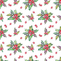 Seamless pattern with Christmas holly berry plants. Watercolor illustration on white background.