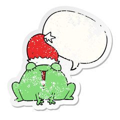 cute cartoon christmas frog and speech bubble distressed sticker